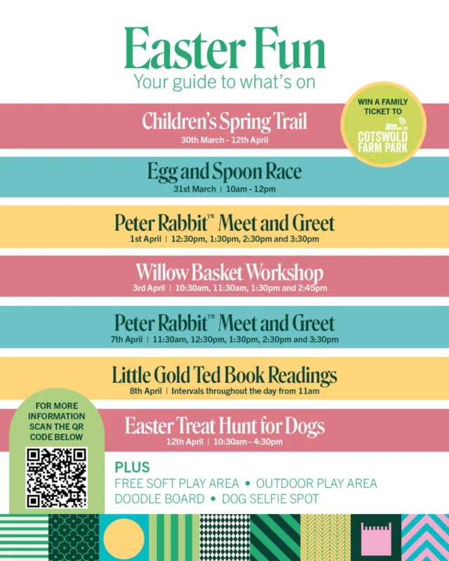What’s on this Easter at @cotswoldsdesigneroutlet 🐣

🌸 Spring Trail with a chance to win a Family Pass to @cotswoldfarmpark 
🥚 Egg and Spoon Race 
🐰 Peter Rabbit™ Meet and Greet
🧺 Willow Basket Workshop
📖 Book Readings and Pop-Up with @littlegoldted 
🐶 Easter Treat Hunt with @sweetpeasdoggydeli 
🧩 Giant Garden Games

PLUS free soft play area, outdoor play area, doodle board and dog selfie station alongside nine delicious eateries, 50+ brands to shop with and free parking 

🏷️
Free family fun | Gloucestershire days out | Easter activities | Tewkesbury | Cotswolds holiday | Spring fun