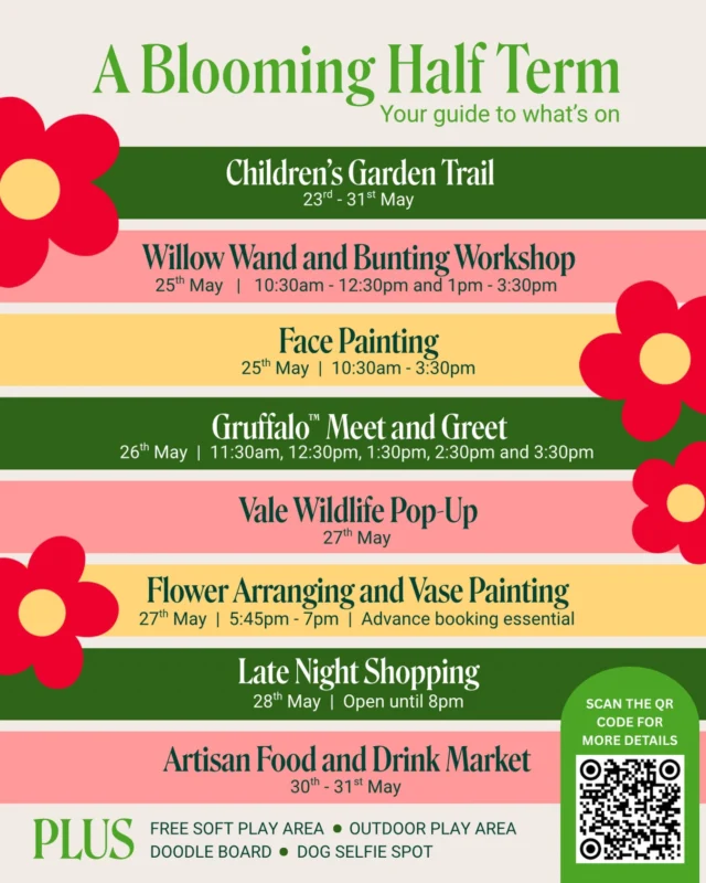 🌸 Have a blooming good time this half term 🌻

We’re celebrating all things garden, nature and the great outdoors from the 25th - 31st May with a variety of free events and activities for the family to enjoy. 

🪴 Children’s Trail 
⭐️ Willow wand and bunting workshop
🎨 Face painting with @cheltfacepaint 
🌲 Gruffalo Meet and Greet
🦔 @valewildlifehospital pop-up
💐 Flower arranging and vase painting* with @_bramble_and_bloom_ 
🛍️ Artisan Food and Drink Market with @shop.cotswolds 

*This is a ticketed event with tickets costing £45

🏷️
Family days out | Floral workshop | Gruffalo | Gloucestershire | Cotswolds Designer Outlet | Flower arranging | Willow weaving | Arts and crafts | May half term